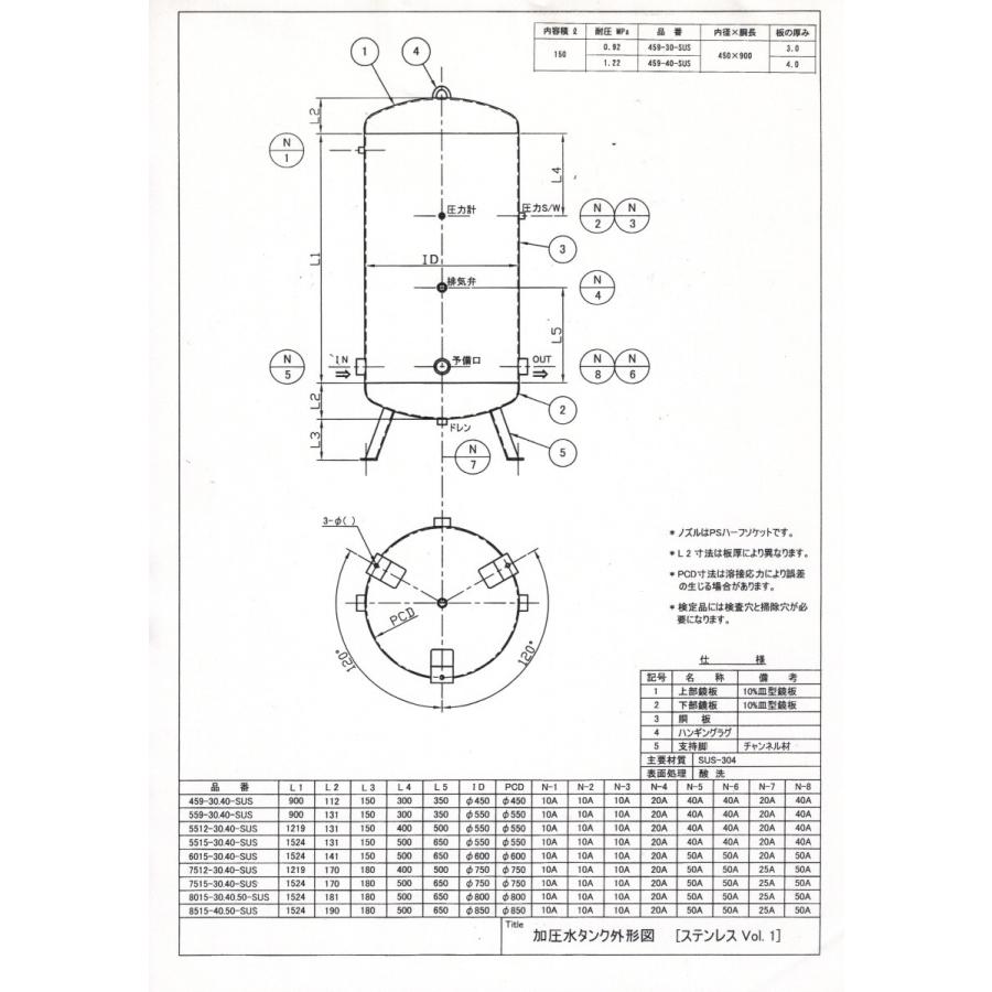 ステンレス製圧力タンク(検査付)450Φ×900(4.0) 耐圧:1.22MPA ステンレス製圧力タンク(検査付)450Φ×900(4.0) 耐圧:1.22MPA