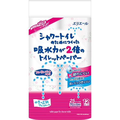 エリエール シャワートイレのためにつくった吸水力が２倍のトイレットペーパー フラワープリント香水付 ダブル 芯あり ２５ｍ １パック １２ロール ぱーそなるたのめーる 通販 Paypayモール
