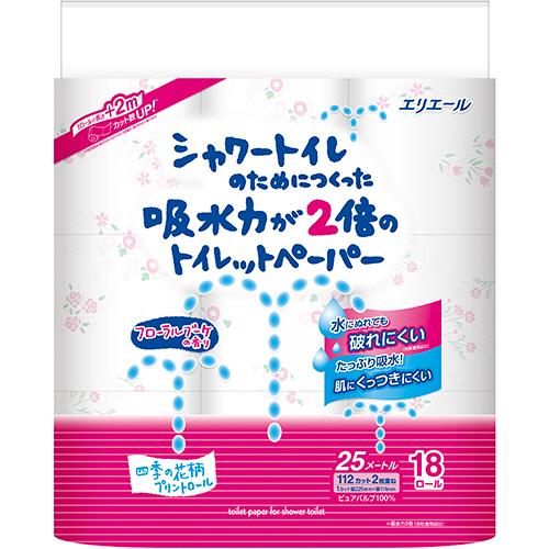 エリエール　シャワートイレのためにつくった吸水力が２倍のトイレットペーパー　フラワープリント香水付　ダブル　芯あり　２５ｍ　１パック（１８ロール）（Yahoo!・ぱーそなるたのめーる）