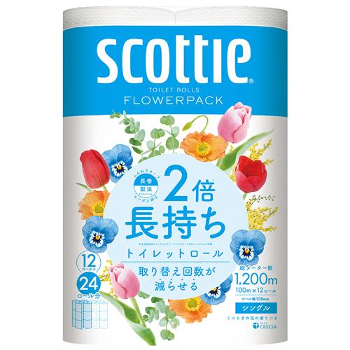 日本製紙クレシア　スコッティ　２倍巻き　フラワーパック　シングル　芯あり　１００ｍ　１セット（４８ロール：１２ロール×４パック）（Yahoo!・ぱーそなるたのめーる）