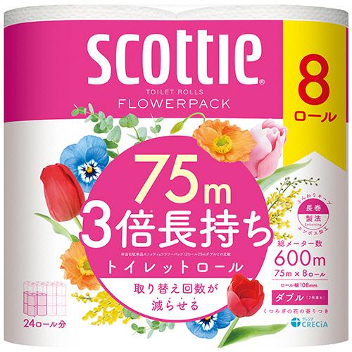 日本製紙クレシア　スコッティ　フラワーパック　３倍長持ち　ダブル　芯あり　７５ｍ　香り付き　１セット（４８ロール：８ロール×６パック）（Yahoo!・ぱーそなるたのめーる）