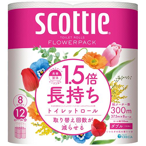 日本製紙クレシア　スコッティ　フラワーパック　１．５倍長持ち　ダブル　芯あり　３７．５ｍ　香り付き　１セット（６４ロール：８ロール×８パック）（Yahoo!・ぱーそなるたのめーる）
