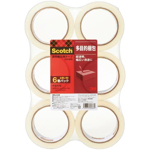 ３Ｍ　スコッチ　透明梱包用テープ　中・軽量物用　４８ｍｍ×５０ｍ　３１３−６ＰＮ　１セット（３６巻：６巻×６パック） の商品画像
