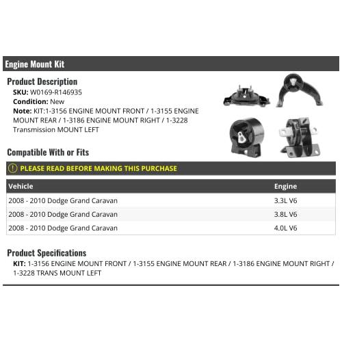 本気の応援セール エンジンマウントキット-4本-2008年~2010年ダッジ・グランドキャラバン対応3.3 L 3.8 L 4.0 L V 6