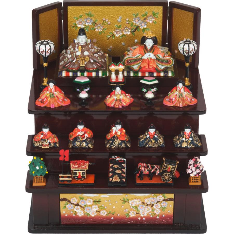 雛人形 コンパクト 京春雛 木製三段十人飾り(茶) ひな人形 収納し