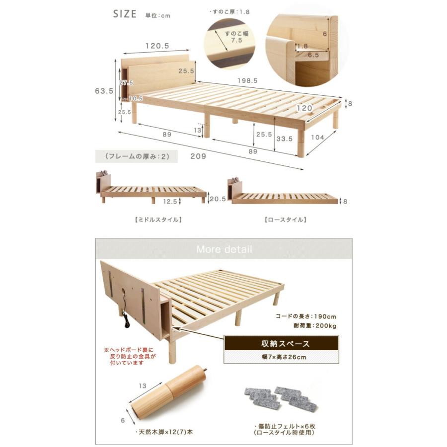 限定値下！ホワイト セミダブル　すのこベッドフレーム 3段階高さ調節付き　宮付 HAGiHARA ベッド セミダブル 高さ3段階調節 宮棚 2口コンセント