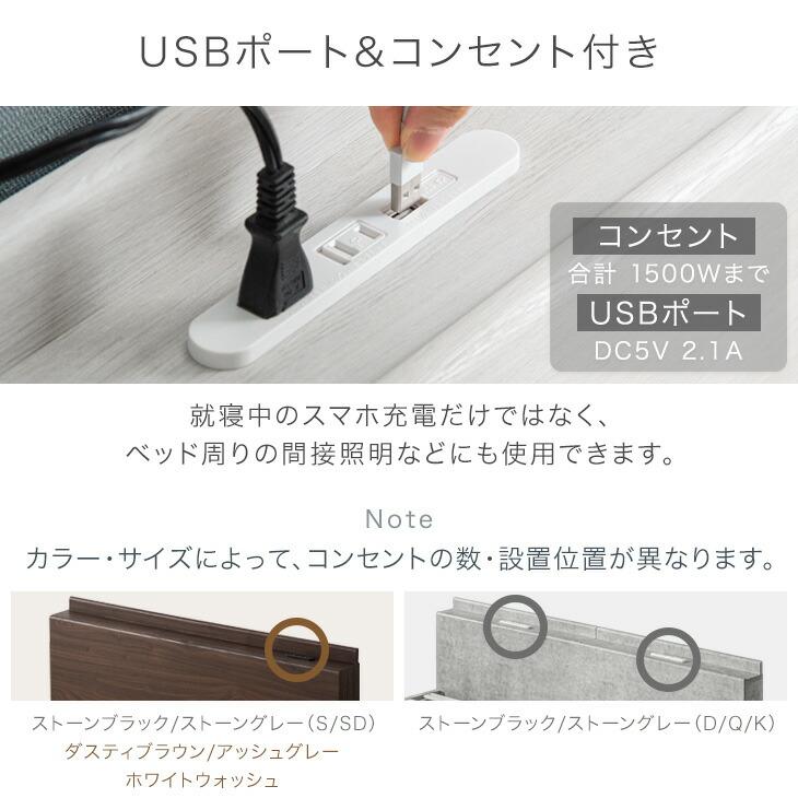 クイーンベッドフレーム ブラックグレー 木目調LED・コンセントUSBポート・棚 本棚 ライト・コンセント付き宮棚 ベッドフレーム クイーン｜ユニット