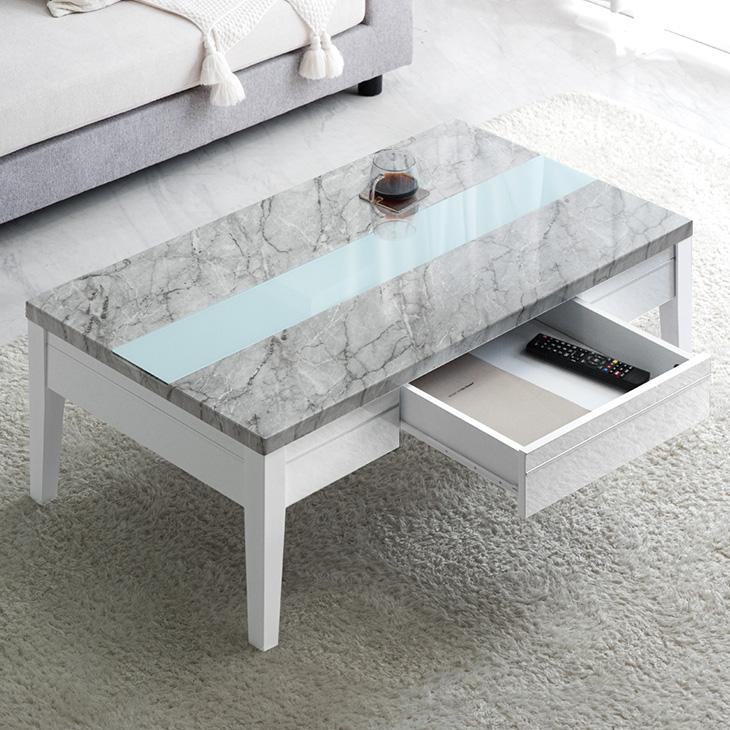 タンスのゲン センターテーブル 大理石調 引き出し 北欧 ガラス 白 120