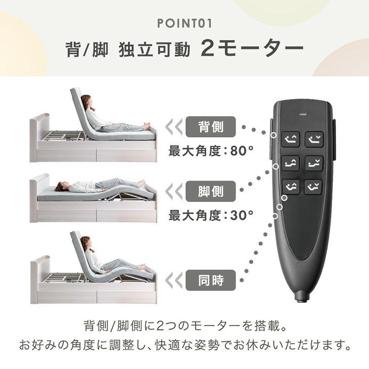 電動ベッド 介護 2モーター シングル マットレス付 ポケットコイル 手すり付き 介護ベッド 宮付き スマホ操作 99900223 USBポート リクライニングベッ_4