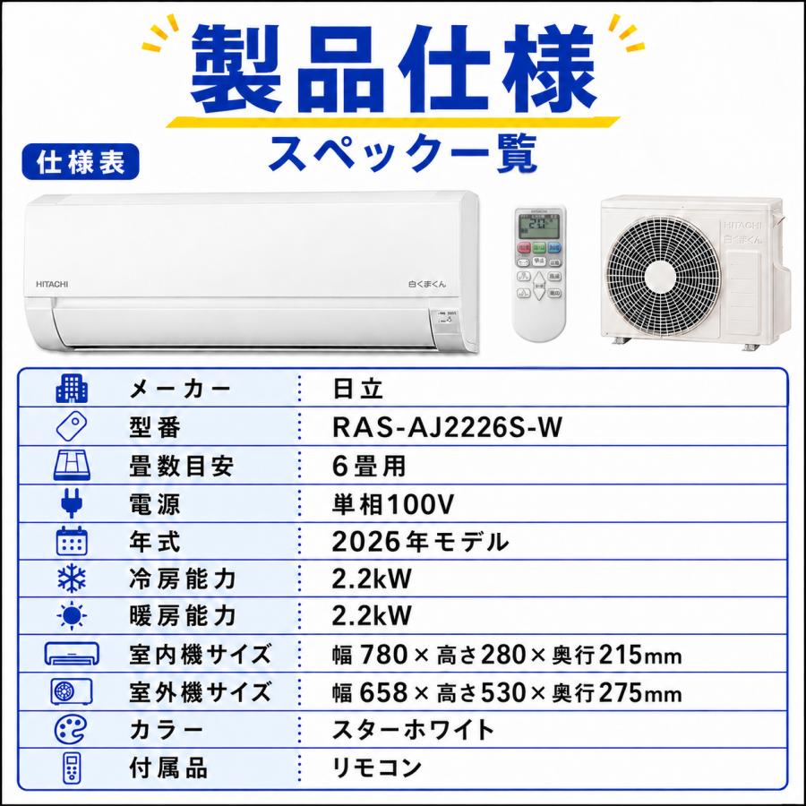 日立（HITACHI） エアコン 6畳用 本体のみ 白くまくん RAS-AJ2226S-W