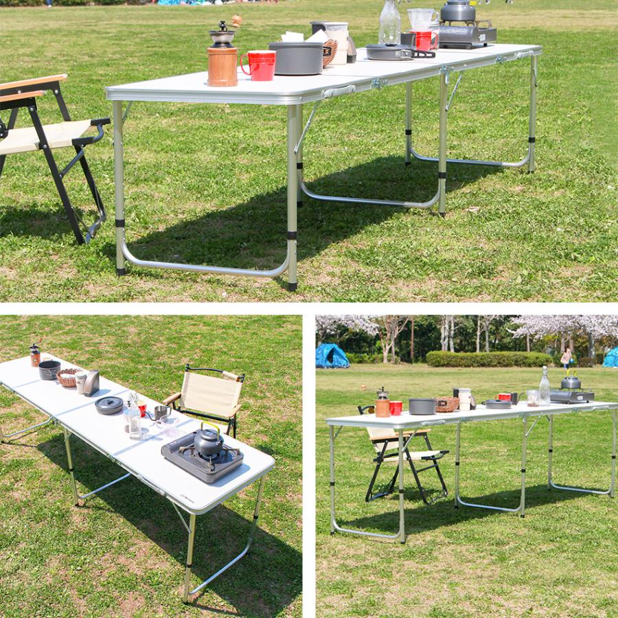 アウトドアテーブル 折りたたみ 高さ調整 軽量 アルミ 収納 レジャーテーブル キャンプ バーベキュー 240cm×60cm BBQ ハイテーブル ローテーブル MERMONT_6