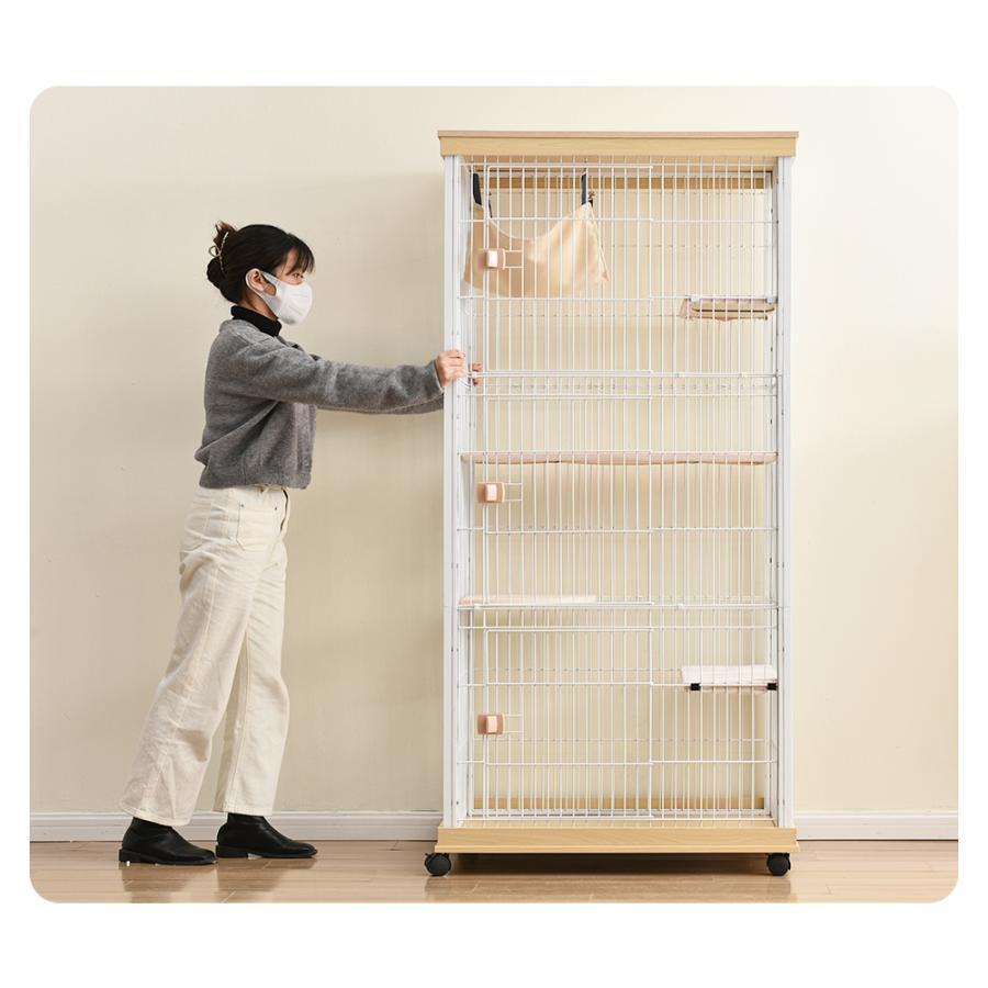 【2023年新作】猫 ケージ 木製 スチールフレーム 掃除用穴付き ステップ4つ ハンモック付 キャットケージ 3段 キャスター付 掃除簡単 留守番 脱走防止 多頭飼い 
