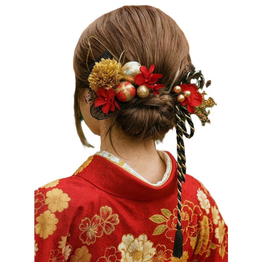 卒業式、成人式、花嫁婚礼用、日本髪かんざし、赤、金 国産 大輪髪飾り】成人式 振袖 前撮り卒業式 袴 結婚式 ヘアピン付