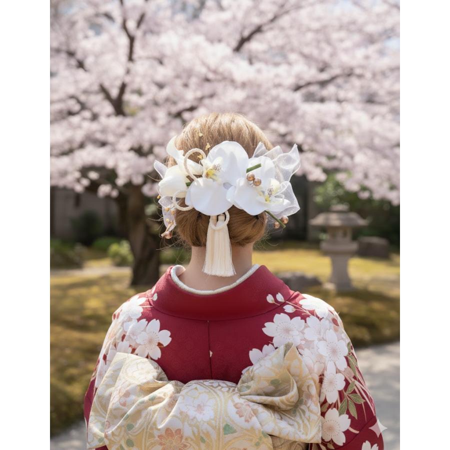 髪飾りTata8】高級造花胡蝶蘭×2 チューリップ 成人式 結婚式 卒業式
