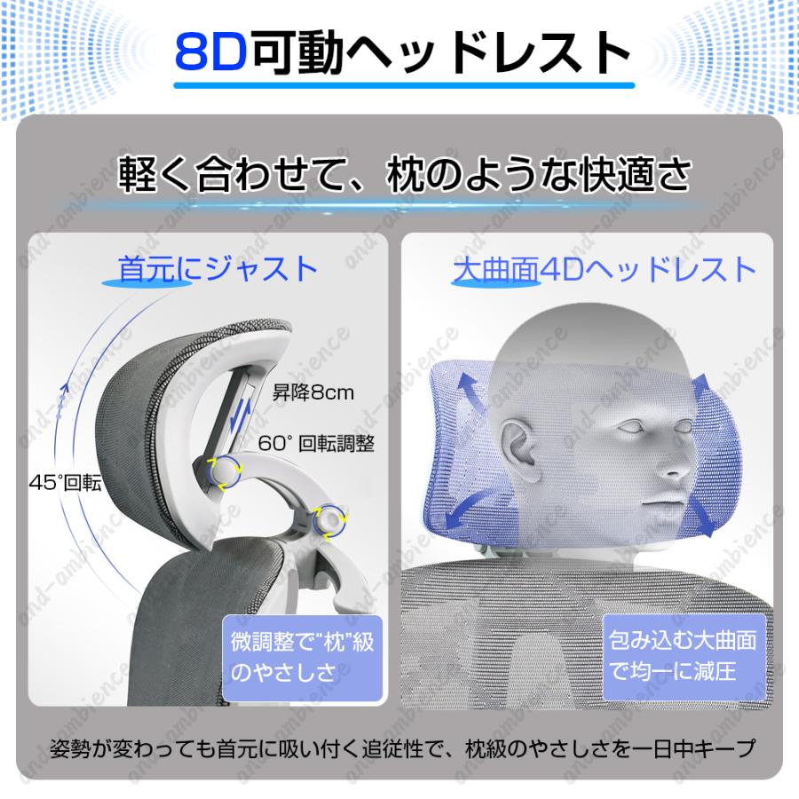 オフィスチェア 人間工学 パソコンチェア メッシュ 9Dアーム 8Dヘッドレスト 肘付き 回転 昇降 静音PUキャスター 座面調整 椅子 デスクチェア 在宅勤務 腰痛対策_4