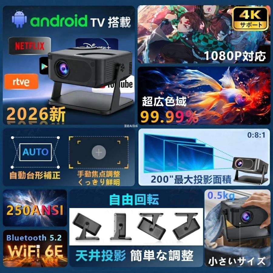 プロジェクター 小型 家庭用 天井投影 スマホと繋げる 4K対応 超高清