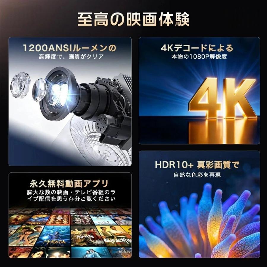 プロジェクター 小型 家庭用 天井投影 1200ANSI 高輝度 4K対応 自動