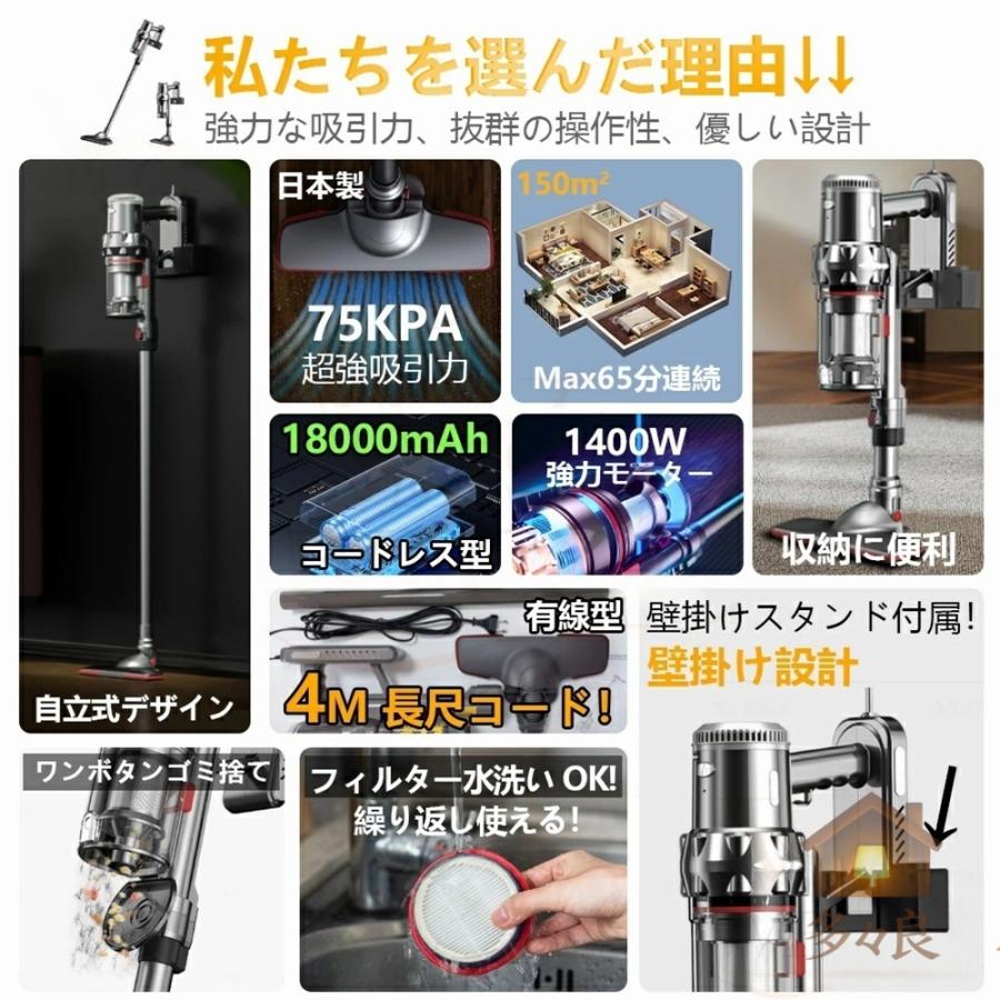 掃除機 掃除機コードレス 軽量 サイクロン式 自立式 75000pa 強力吸引