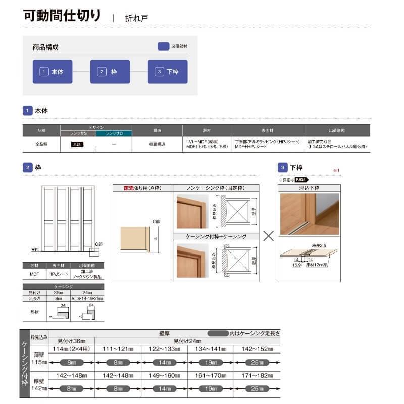 オーダーサイズ　リクシル　ラシッサＳ可動間仕切り　6枚建　LAA　パネルタイプ　折れ戸　W1860〜2763mm×H1746〜2425mm　ケーシング付枠