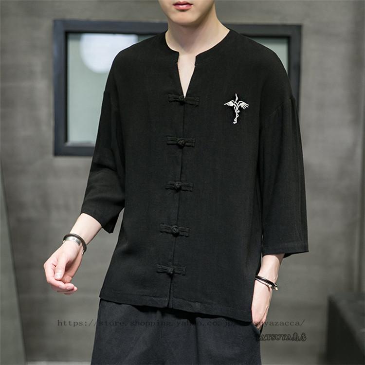 メンズ 7分袖トップス チャイナ風 無地シャツ 森ガール系シャツ ベーシック カジュアル 紳士