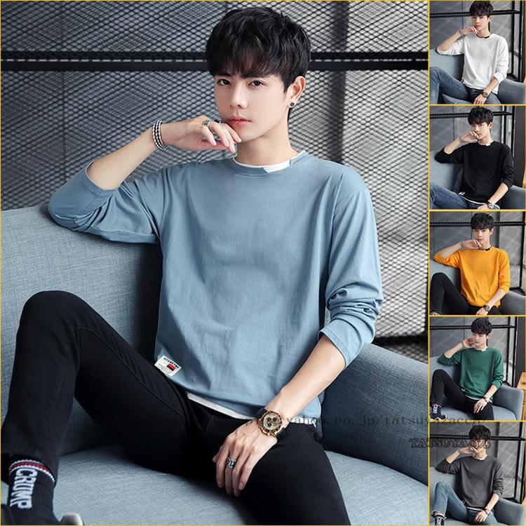 Tシャツ メンズ カジュアル ファッション フェイクレイヤード ブラック ロンt ロングtシャツ 春 白 秋 長袖 黒 注目 長袖
