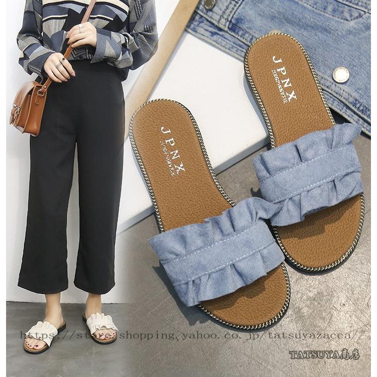 ミュール サンダル おしゃれ ぺたんこ スエード調 スリッパ フリル ルームシューズ レディース 夏 歩きやすい 痛くない 海外 ぺたんこ