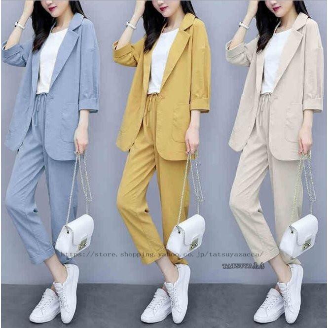 セットアップ レディース 春 夏 スーツジャケット フォーマル 2点セット カジュアルスーツ ジャケット ママ おしゃれ テーパードパンツ 九分丈 通勤 Ol パンツスーツ カラー イエロー 写真参考 Ilgaimportadora Com