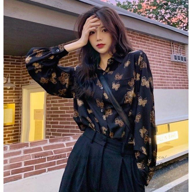 柄シャツ 襟付き シャツ ブラウス 長袖 トップス レディース 春 秋 代 30代 40代 蝶柄服 黒 総柄 蝶々 蝶柄 Copu Tatsuya商店 通販 Yahoo ショッピング