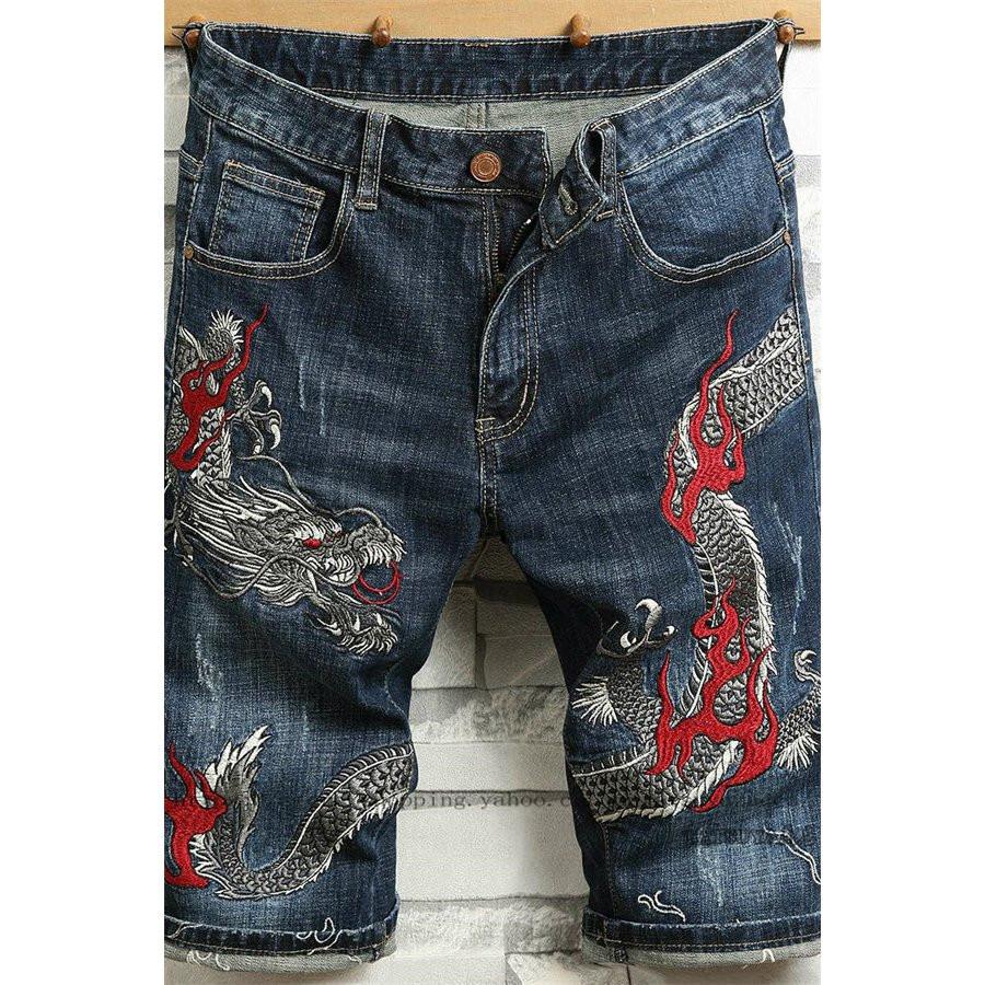 ハーフパンツ デニム メンズ デニムパンツ 刺繍 龍 短パン ショートパンツ ダメージ 和柄 和風 ストレッチ ジーンズ スリム ストリート おしゃれ Copu Tatsuya商店 通販 Yahoo ショッピング