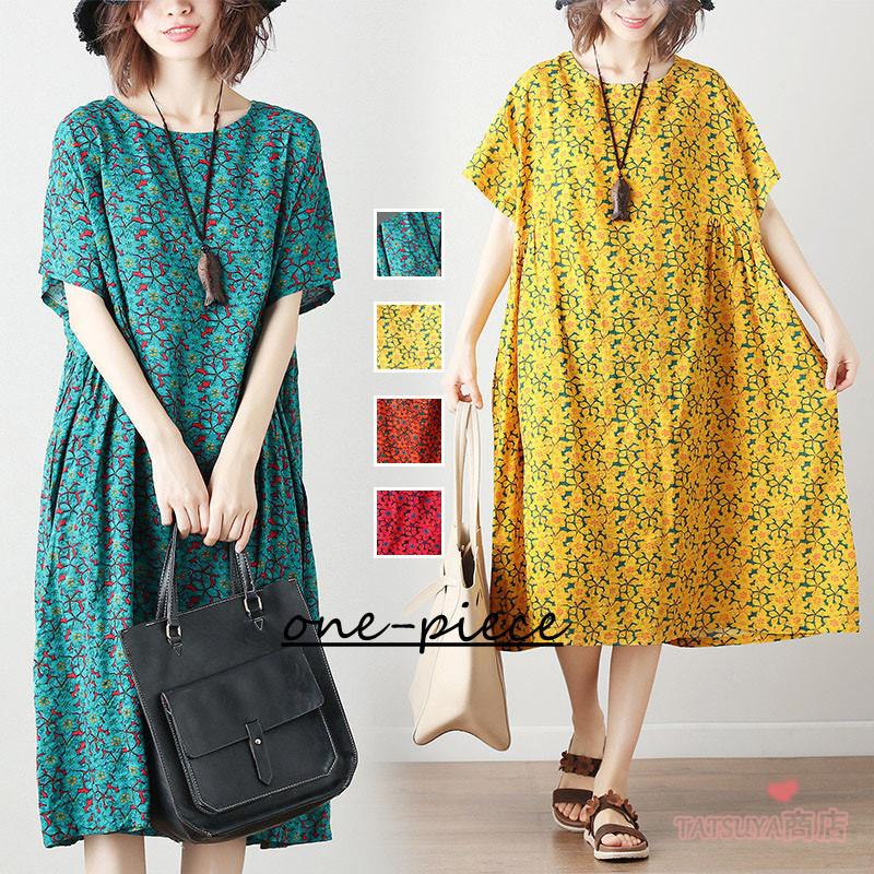 森ガール ワンピース 半袖 Aラインワンピ プリント 花柄 ロング丈 フレアワンピース レディースファッション カジュアル 体型カバーワンピース 春夏 Liu Tatsuya商店 通販 Yahoo ショッピング