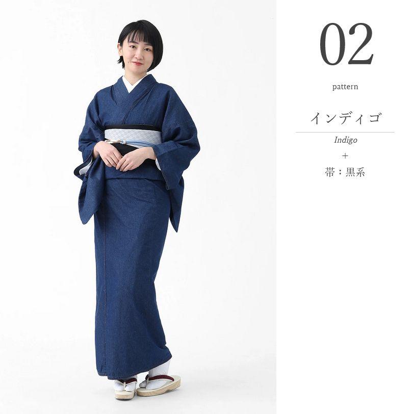 デニム 着物 2点セット レディース デニム着物 半幅帯 3色 洗える着物 