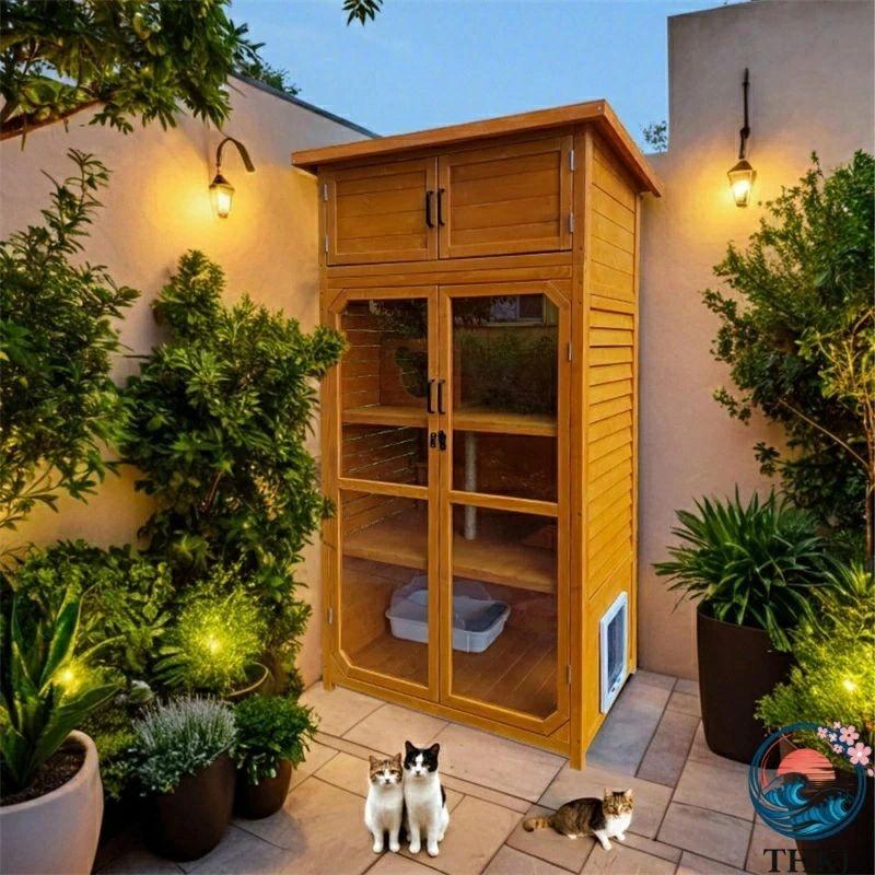 段大型木製猫用 屋外猫用囲い 耐候性屋根付き  屋内外猫用 換気透明ドア オレンジ 食べやすい お手入れ簡単 快適 ペットも快適 毎日のお世話に 毎日使いに_1