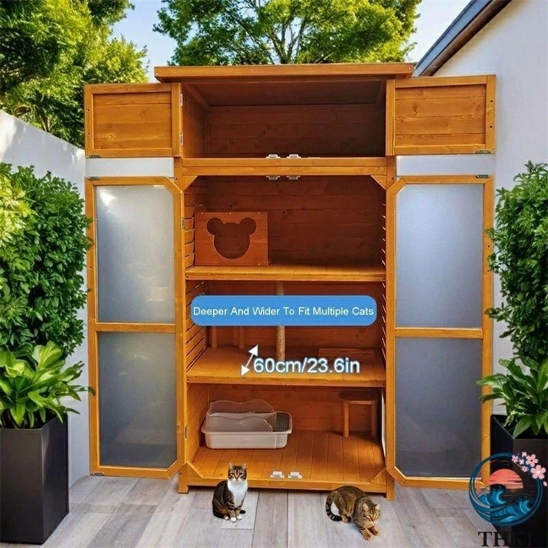 段大型木製猫用 屋外猫用囲い 耐候性屋根付き  屋内外猫用 換気透明ドア オレンジ 食べやすい お手入れ簡単 快適 ペットも快適 毎日のお世話に 毎日使いに_2
