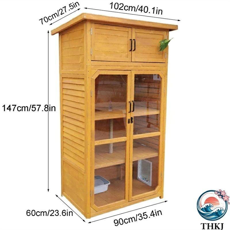 段大型木製猫用 屋外猫用囲い 耐候性屋根付き  屋内外猫用 換気透明ドア オレンジ 食べやすい お手入れ簡単 快適 ペットも快適 毎日のお世話に 毎日使いに_6