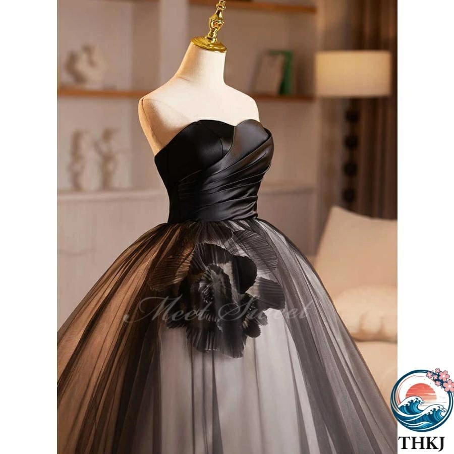 カラードレス ブラック ベアトップ 演奏会 発表会 二次会 花嫁 ウエディングドレス THKJ ウェディングドレス ロングドレス 落ち着き色 プリンセス 省スペース_2