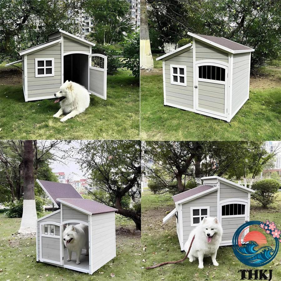 大型犬小屋 屋外耐候性犬小屋ヴィラ 高床 ドア窓付き THKJ 屋外特大犬小屋 屋根付き 2 匹の中型犬用 食べやすい お手入れ簡単 快適 ペットも快適 雨の日も安心_4