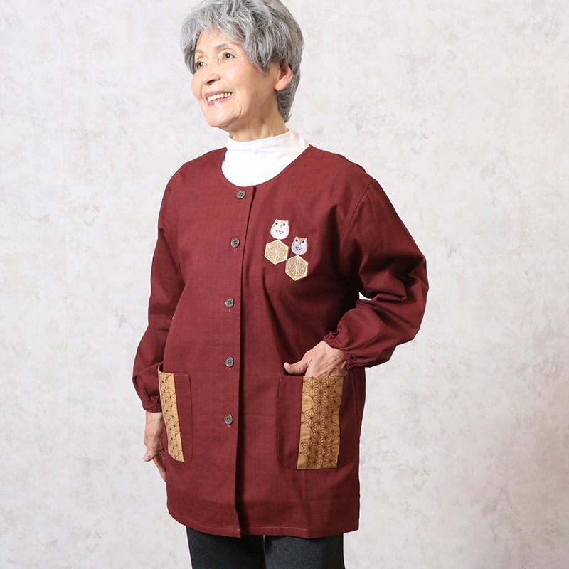 代引可】スモック 大人用 和柄 レディース ふくろう かわいい 70代 60代 割烹着 刺繍 80代 ) 婦人 おばあちゃん服 無地 春夏(シニアファッション エプロン シニア服 80代 70代 60代 レディース 婦人服 高齢者 おばあちゃん 和柄ふくろうスモック割烹着