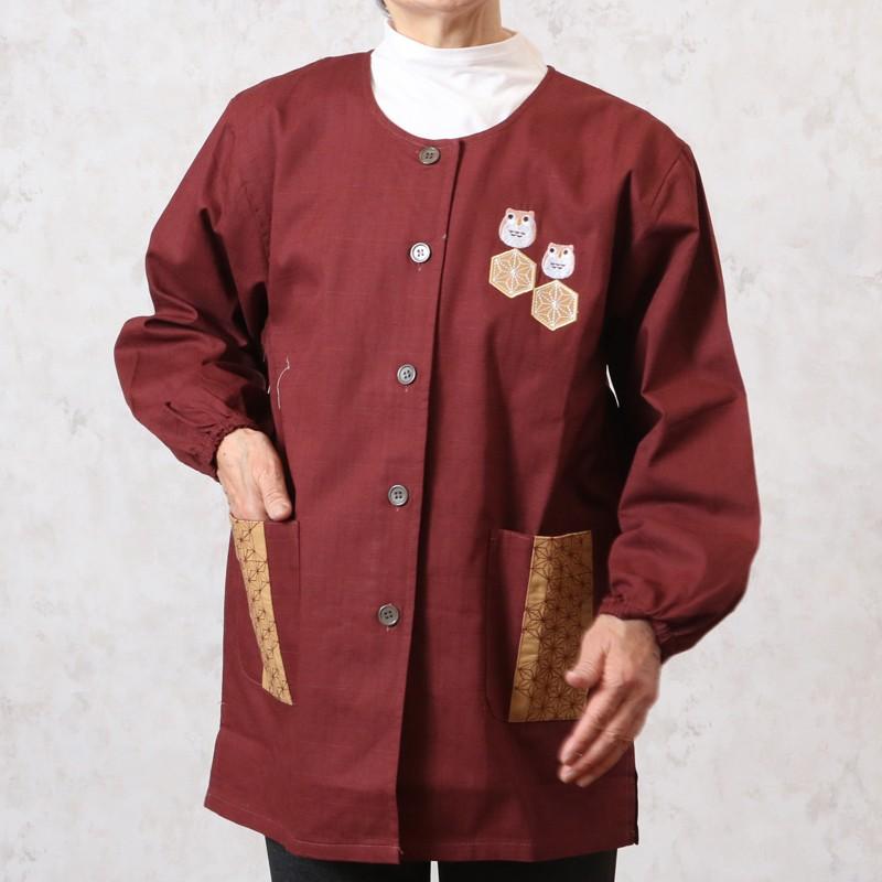 スモック 大人用 和柄 無地 かわいい ふくろう 刺繍 割烹着 春夏(シニアファッション 70代 80代 60代 婦人 レディース おばあちゃん服 ) エプロン シニア服 80代 70代 60代 レディース 婦人服 高齢者 おばあちゃん 和柄ふくろうスモック割烹着