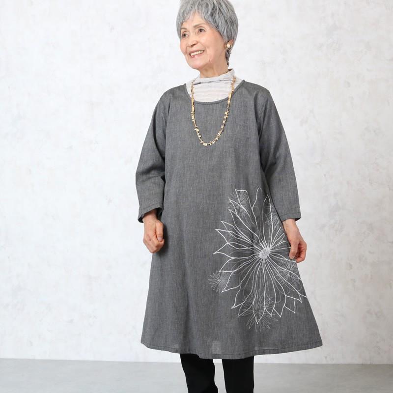 familiar 刺繍デザイン ワンピース 80 シニアファッション 80代 ワンピース 七分袖花刺繍 70代 レディース