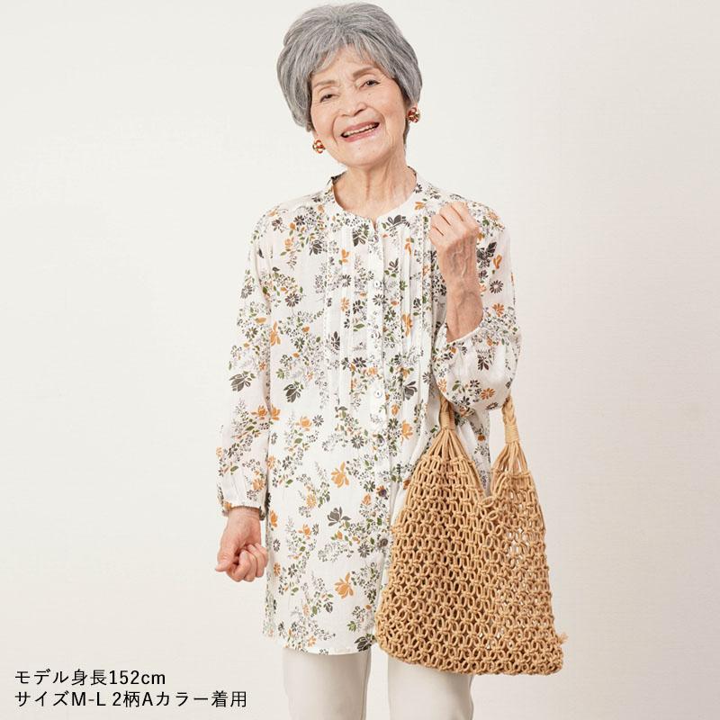 シニアファッション 80代 70代 60代 高齢者 婦人服 ブラウス レディース シニア 服 女性 おばあちゃん 上品 プレゼント 綿ボイル 花柄 九分袖ピンタックブラウス｜tc-mart｜06