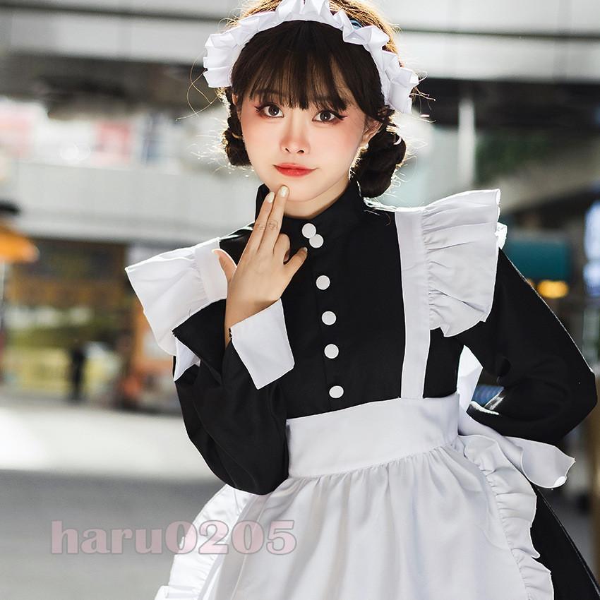 海外限定 服売り屋さんメイド服 黒白 ワンピース 長袖 レディース コスプレ 膝丈 エプロン 髪飾り付き クラシカル メイド ロリータ フリル 制服 喫茶店変装 パーティー衣装 Farmatique Net