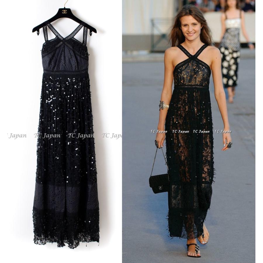 値頃 Chanel 美品綺麗 シャネル レザートリム スパンコール ワンピース ロングドレス F38の方へ F36 ワンピース チュニック