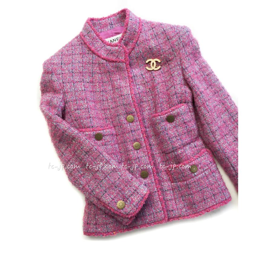 シャネル ジャケット Chanel ピンク ライトブルー ツイード F34 世界的に有名な