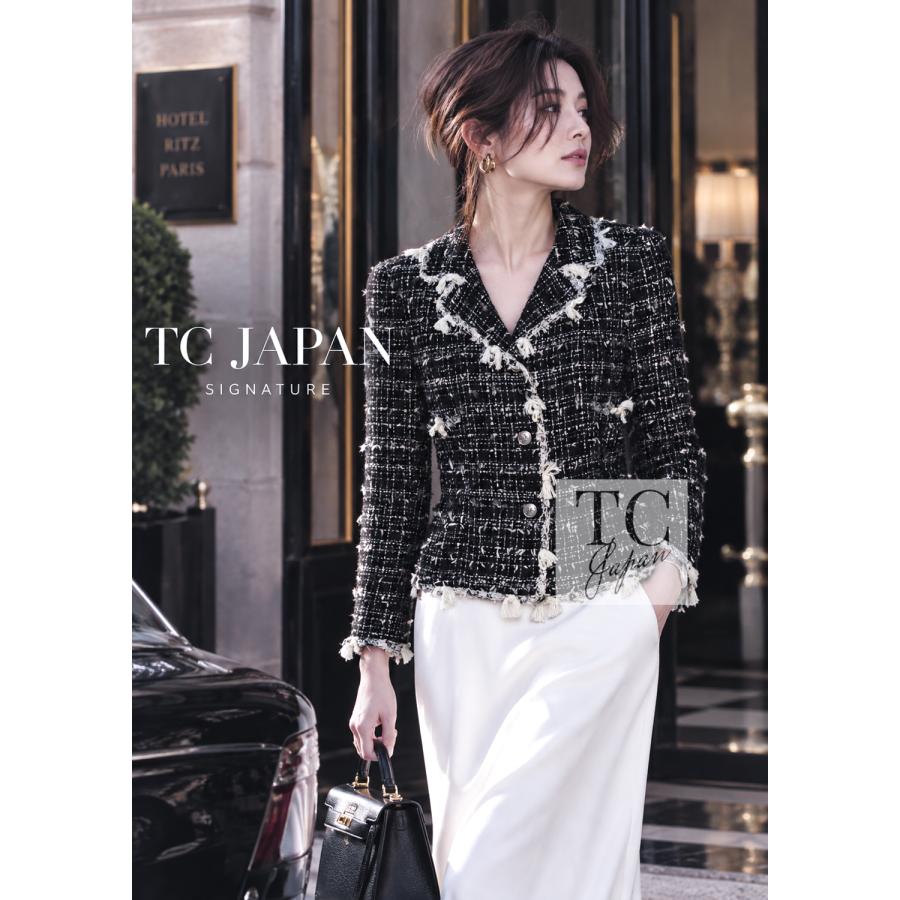 CHANELツイードワンピース♡フリンジトリミング 36 CHANEL（シャネル） ジャケット ブラック クリーム フリンジ