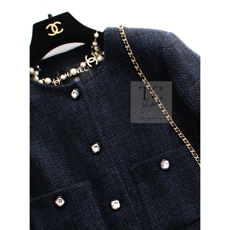 CHANEL シャネル ジャケット ブラック ネイビー クリスタル CC ロゴ
