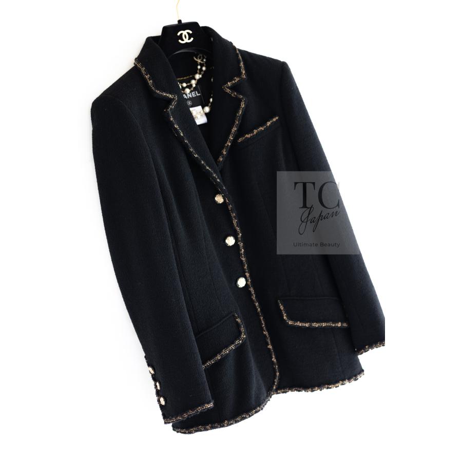 [美品] シャネル　Ｌサイズ　テーラードジャケット　カシミヤ100 CHANEL CHANEL（シャネル） ジャケット ブラック ゴールド ライン トリム
