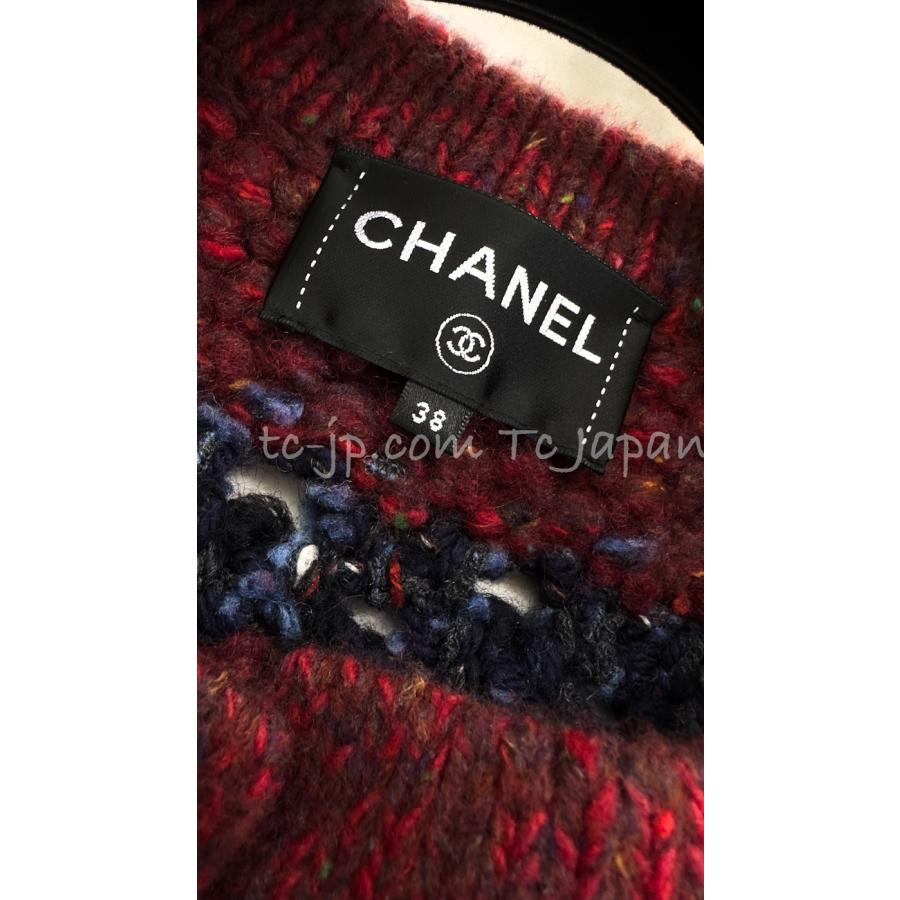 美品 シャネル CHANEL ワインレッド・ネイビー・ウール・アルパカ・カシミア・しっかり ニット・ジャケット カーディガン CCロゴ 38 40｜tcjapan｜15