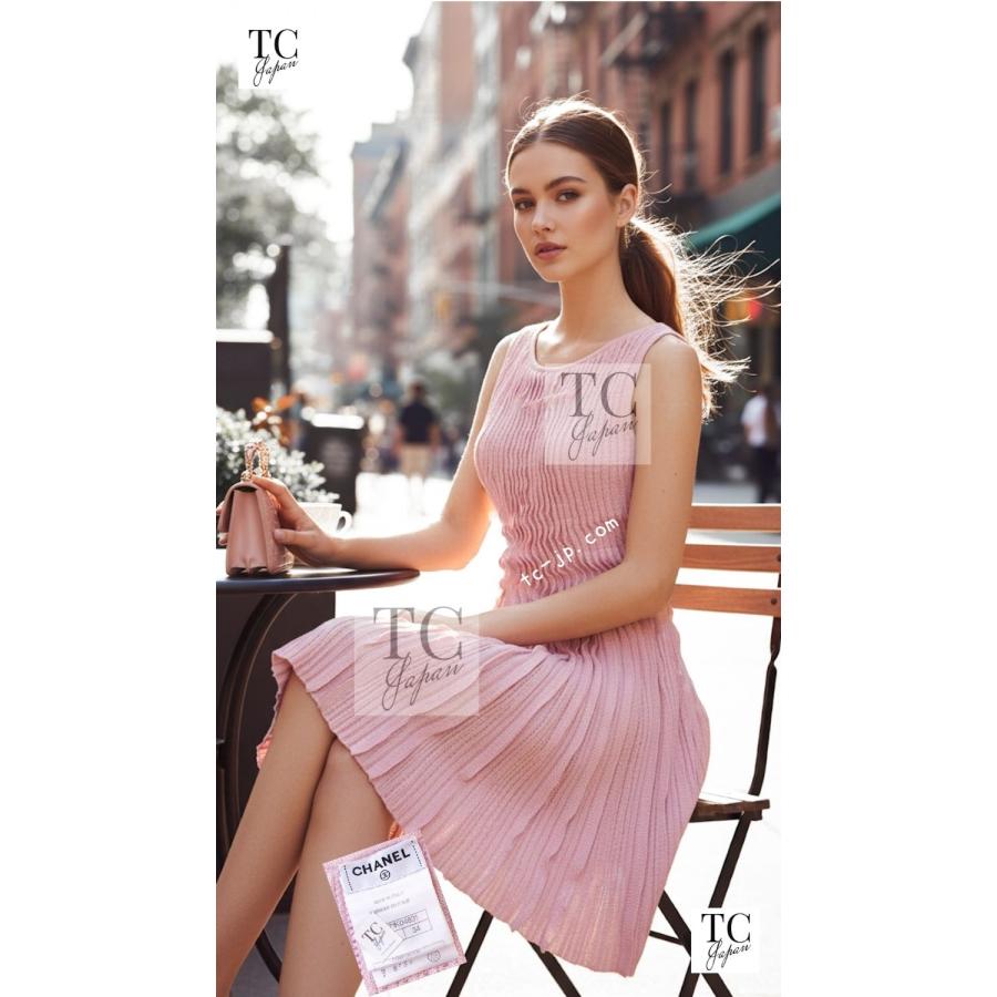 シャネル ワンピース CHANEL ピンク カシミア Aライン ニット ココマーク カール・ラガーフェルド 46万 超美品 34の画像
