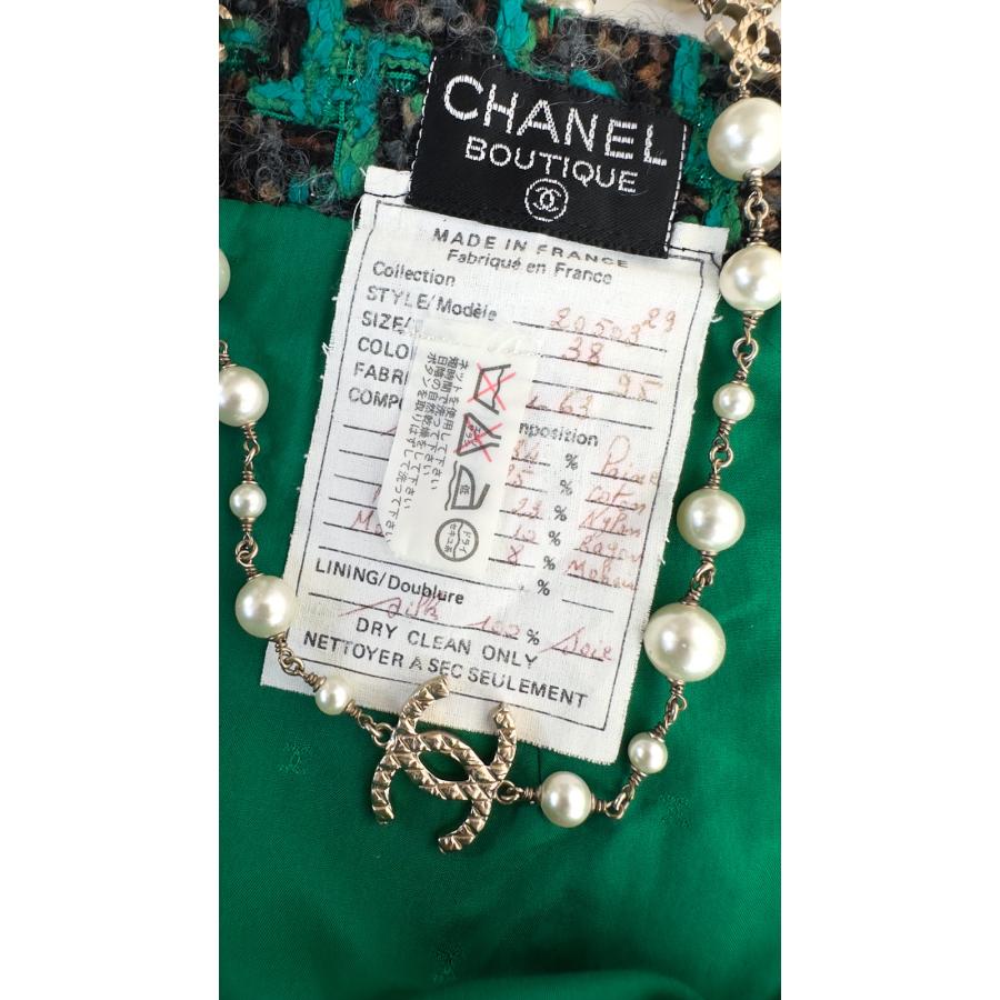 シャネル ヴィンテージ スカート CHANEL グリーン ブラック ツイード 92A 貴重 ココボタン カール・ラガーフェルド作品 超美品 36 38の画像