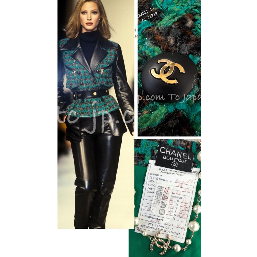 シャネル ヴィンテージ スカート CHANEL グリーン ブラック ツイード 92A 貴重 ココボタン カール・ラガーフェルド作品 超美品 36 38の画像